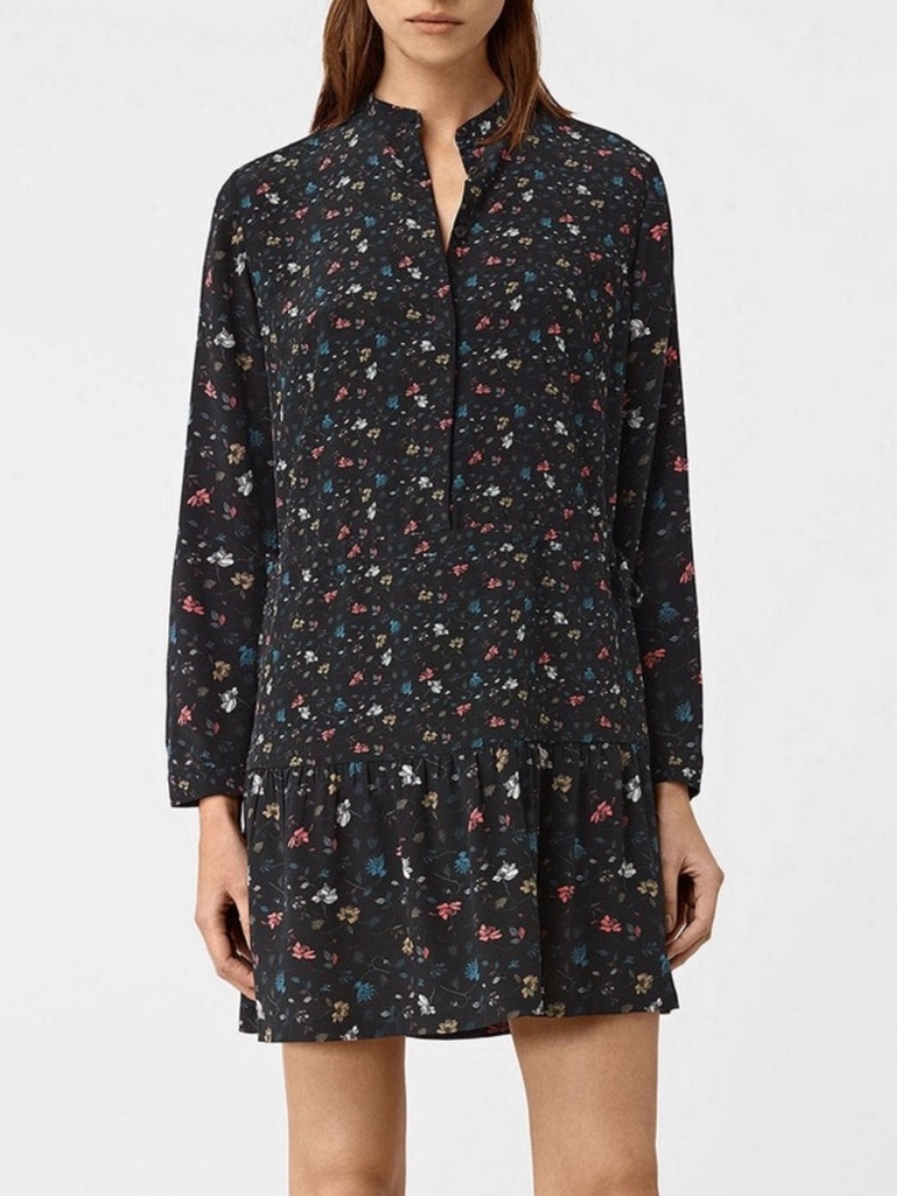 All Saints Lin Rose Silk Waist Tie Buttoned Black Floral Mini Shirt Dress EUC 0